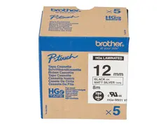 Brother HGE-M931V5 - Sort p&#229; s&#248;lv Rull (1,2 cm x 8 m) 5 kassett(er) laminert teip - for P-Touch PT-9500pc, PT-9700PC, PT-9800PCN; P-Touch R RL-700S