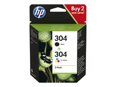 HP 304 - 2-pack - pigmentert svart, farge (cyan, magenta, gul) original - blekkpatron - for AMP 130; Deskjet 26XX, 37XX; ENVY 50XX