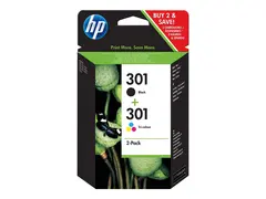 HP 301 - 2-pack - svart, farge (cyan, magenta, gul) original - blekkpatron