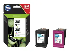 HP 301 - 2-pack - svart, farge (cyan, magenta, gul) original - blekkpatron