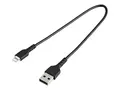 StarTech.com 12 in(30cm) Durable Black USB-A to Lightning Cable, Heavy Duty Rugged Aramid Fiber USB Type A to Lightning Charger/Sync Power Cord, Apple MFi Certified iPad/iPhone 12 Pro Max iPhone 7/8/11/11 Pro - Lightning-kabel - USB hann til Lightning hann - 30 cm - svart