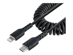 StarTech.com 1m (3ft) USB C to Lightning Cable, MFi Certified, Coiled iPhone Charger Cable, Black, Durable and Flexible TPE Jacket Aramid Fiber, Heavy Duty Coil Charging Cable Rugged USB Lightning Cable - Lightning-kabel - 24 pin USB-C hann til Lightning hann - 1 m - svart - rullet sammen