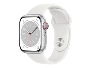 Apple Watch Series 8 (GPS + Cellular) - 41 mm s&#248;lvaluminium - smartklokke med sportsb&#229;nd - fluorelastomer - hvit - b&#229;ndbredde: Regular - 32 GB - Wi-Fi, LTE, Bluetooth, UWB - 4G - 32 g