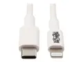 Eaton Tripp Lite Series USB-C to Lightning Sync/Charge Cable (M/M), MFi Certified, White, 3 ft. (0.9 m) USB-kabel - 24 pin USB-C (hann) til Lightning (hann) - USB 2.0 - 20 V - 3 A - 90 cm - hvit