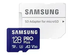 Samsung PRO Plus MB-MD128SA - Flashminnekort (microSDXC til SD-adapter inkludert) 128 GB - A2 / Video Class V30 / UHS-I U3 - microSDXC UHS-I - bl&#229;