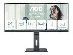 AOC Pro-line CU34P3CV - P3 Series - LED-skjerm kurvet - 34&quot; - 3440 x 1440 UWQHD @ 100 Hz - VA - 300 cd/m&#178; - 3000:1 - 4 ms - HDMI, DisplayPort, USB-C - h&#248;yttalere - svart