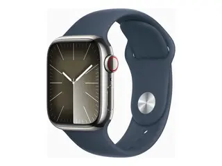 Apple Watch Series 9 (GPS + Cellular) - 41 mm s&#248;lv rustfritt st&#229;l - smartklokke med sportsb&#229;nd - fluorelastomer - stormbl&#229; - b&#229;ndbredde: S/M - 64 GB - Wi-Fi, Bluetooth, UWB, LTE - 4G - 42.3 g