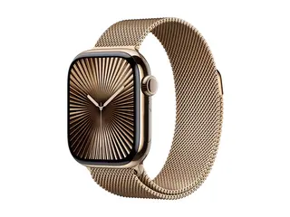 Apple Watch Series 10 (GPS + Cellular) - 42 mm gold titanium - smartklokke med fint strikket l&#248;kke - nett av rustfritt st&#229;l - gull - h&#229;ndleddst&#248;rrelse: 130-180 mm - 64 GB - LTE, Wi-Fi 4, UWB, Bluetooth - 4G - 34.4 g