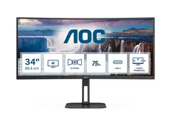 AOC Value-line CU34V5C/BK/23 - LED-skjerm kurvet - 34&quot; - 3440 x 1440 WQHD @ 100 Hz - VA - 3000:1 - 1 ms - HDMI, DisplayPort, USB-C - h&#248;yttalere - svart