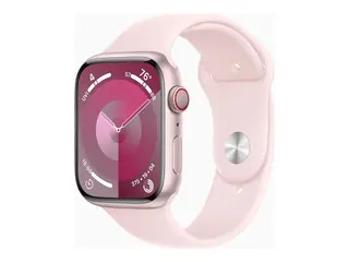 Apple Watch Series 9 (GPS + Cellular) 45 mm - rosa aluminium - smartklokke med sportsb&#229;nd - fluorelastomer - lys rosa - b&#229;ndbredde: M/L - 64 GB - Wi-Fi, Bluetooth, UWB, LTE - 4G - 39 g