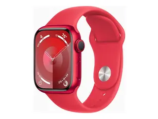 Apple Watch Series 9 (GPS) - (PRODUCT) RED 41 mm - r&#248;d aluminium - smartklokke med sportsb&#229;nd - fluorelastomer - r&#248;d - b&#229;ndbredde: S/M - 64 GB - Wi-Fi, UWB, Bluetooth - 31.9 g