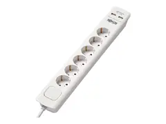 Tripp Lite 6-Outlet Surge Protector with USB Charging German Type F Schuko Outlets, 220-250V, 16A, Schuko Plug, White - Overspenningsavleder - 16 A - AC 230 V - utgangskontakter: 6 - 1.8 m kabel - hvit - for P/N: CLAMPUSBLK, CLAMPUSW